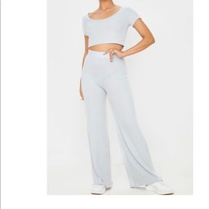 Light Grey Knitted Rib Wide Leg Lounge Set